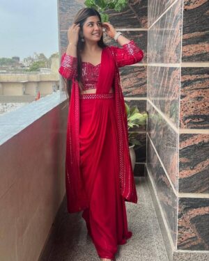 DESIGNER GORGETTE EMBROIDERY SEQUENCE WORK SAREE WITH STTICHED BLOUSE AND KOTI