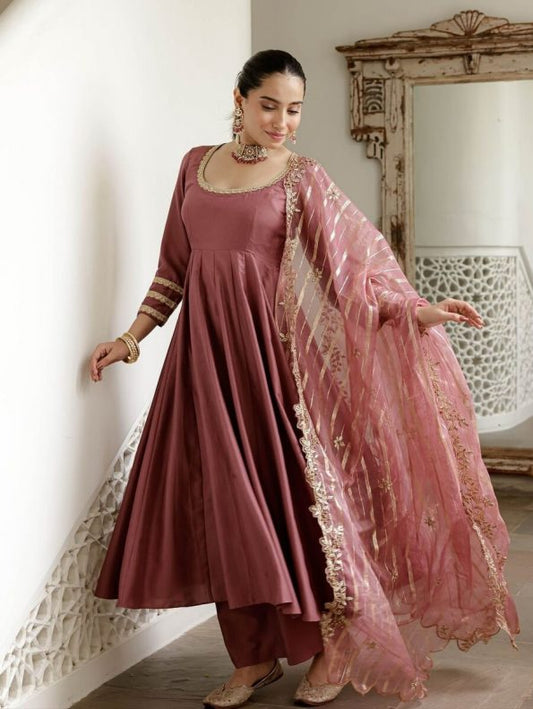 RICH LOOK SHIMMER SILK EMBROIDERY WORK GOWN BOTTOM WITH DUPPATTA-LIGHT PINK
