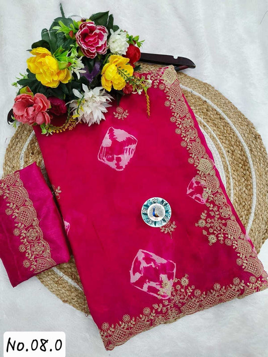 TRADITIONAL GEORGETTE SAREE WITH PRE-STITCHED BLOUSE - RANI