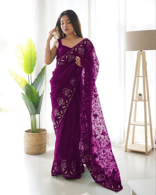 DESIGNER BUTTERFLY NET THREAD EMBROIDERY REAL MIRROR WORK SAREE WITH UN STITCHED BLOUSE