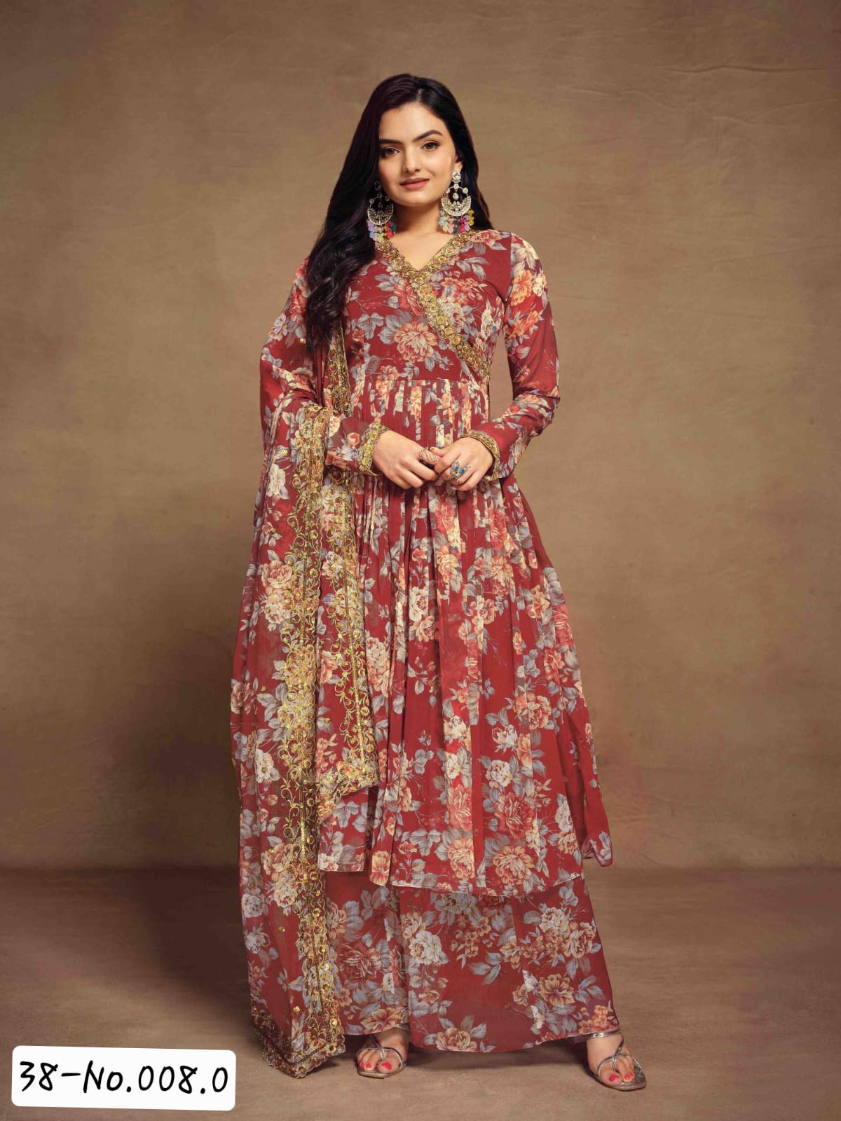 Trendy Chiffon Embroidery Top Palazzo Duppatta - Marron