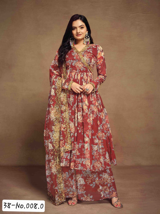 Trendy Chiffon Embroidery Top Palazzo Duppatta - Marron