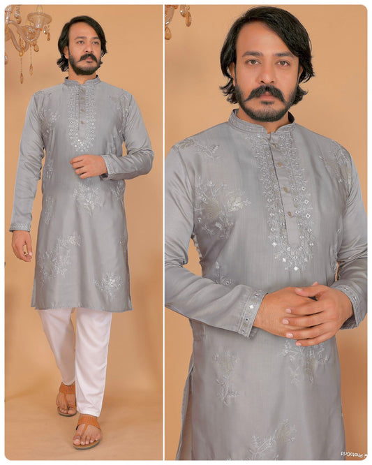 MEN’S KURTA PYJAMA - HEAVY VISCOSE SILK - GREY