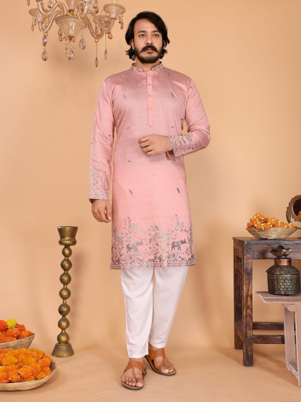 MEN’S KURTA PYJAMA - HEAVY LINEN COTTON WITH EMBROIDERY SEQUENCE - PINK