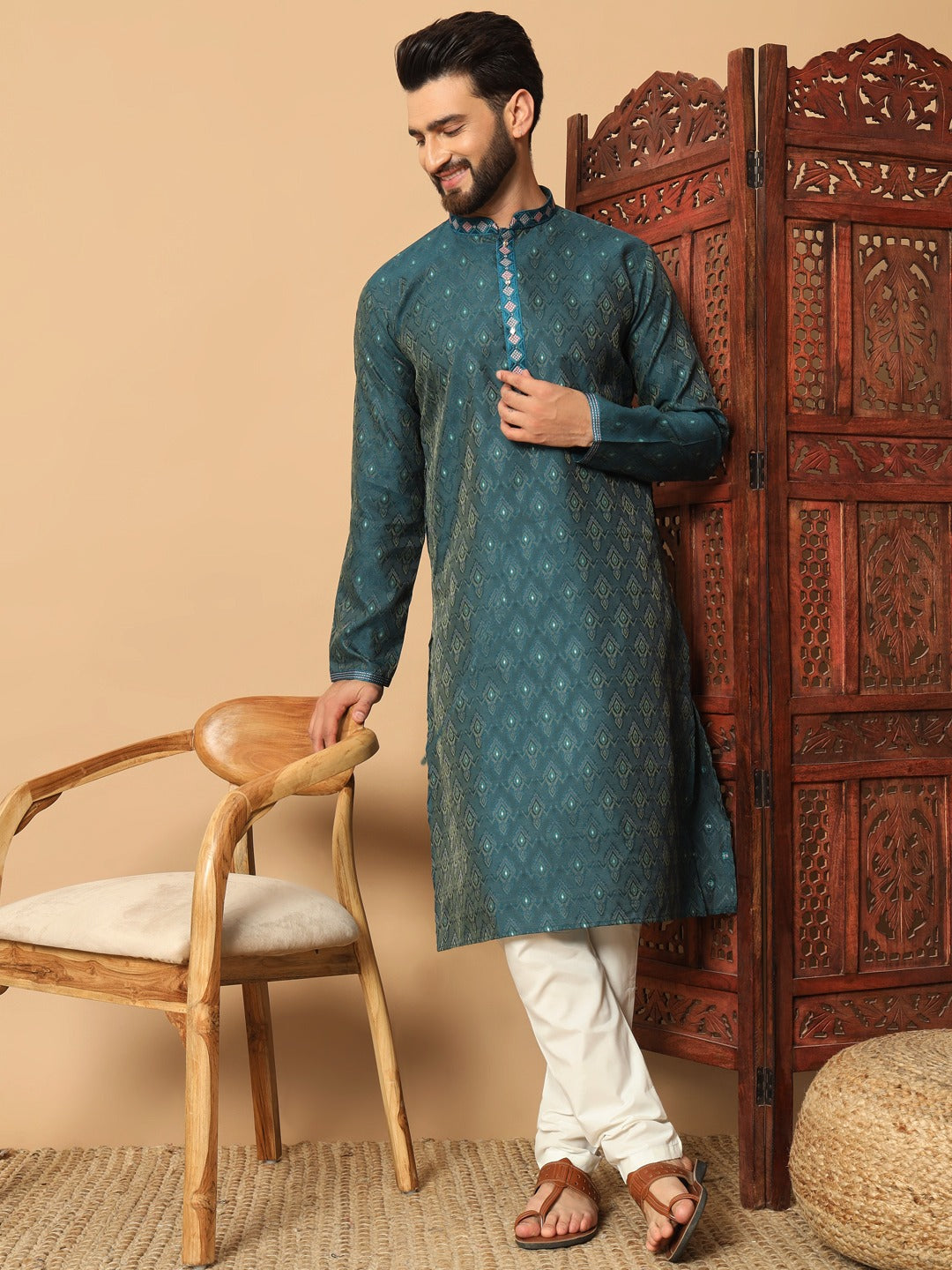 MEN’S KURTA PYJAMA EMBROIDERY SEQUENCE WORK WITH DIGITAL PRINTED