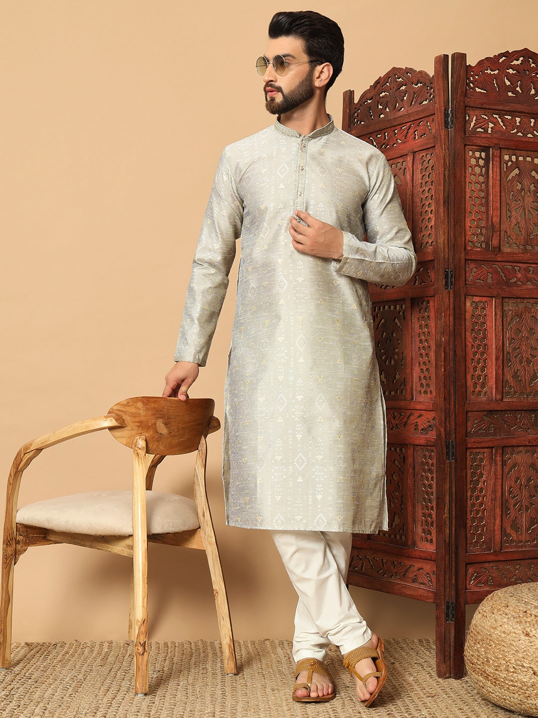 MEN’S KURTA PYJAMA EMBROIDERY SEQUENCE WORK WITH DIGITAL PRINTED