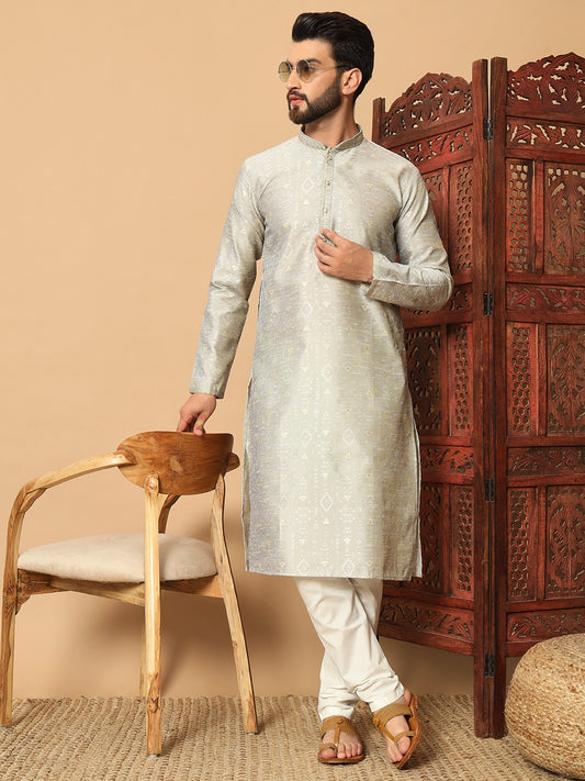 MEN’S KURTA PYJAMA EMBROIDERY SEQUENCE WORK WITH DIGITAL PRINTED