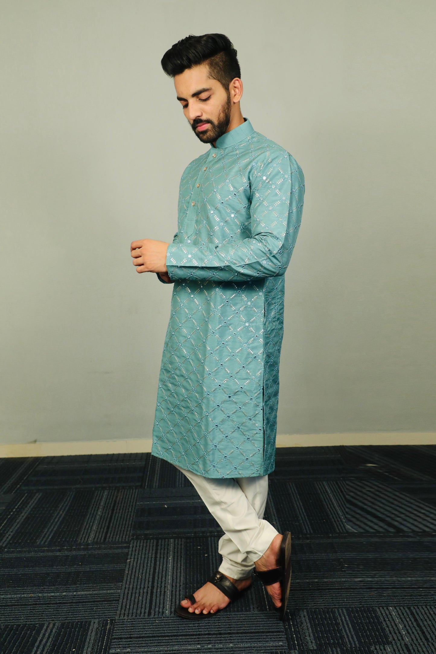 MEN’S KURTA PYJAMA SILVER AND MATE SEQUENCE WITH EMBROIDERY WORK