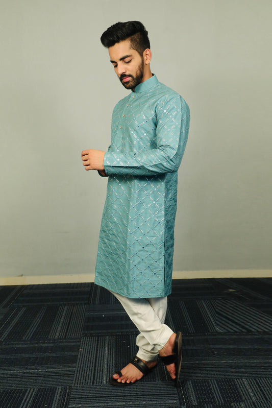 MEN’S KURTA PYJAMA SILVER AND MATE SEQUENCE WITH EMBROIDERY WORK