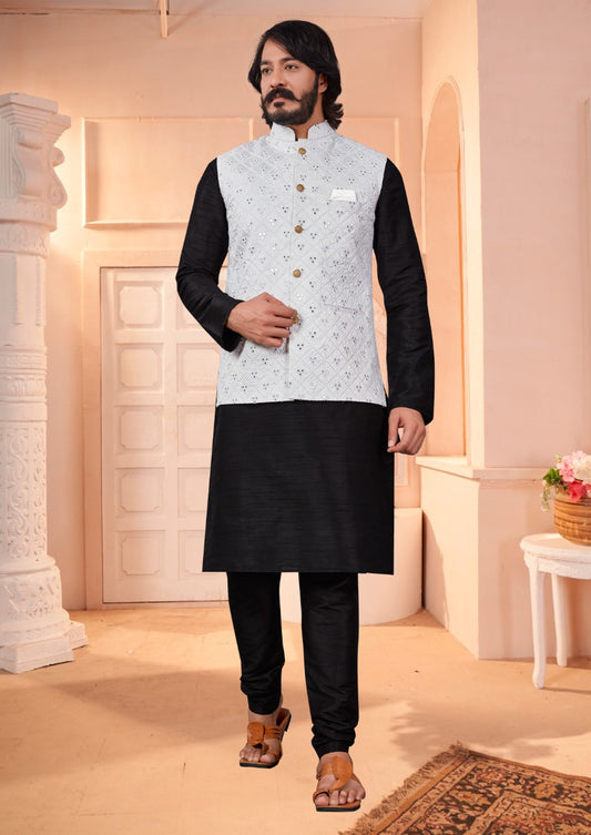 MEN’S STYLISH EMBROIDERY MIRROR WORKED KOTI (JACKET) & KURTA PYJAMA