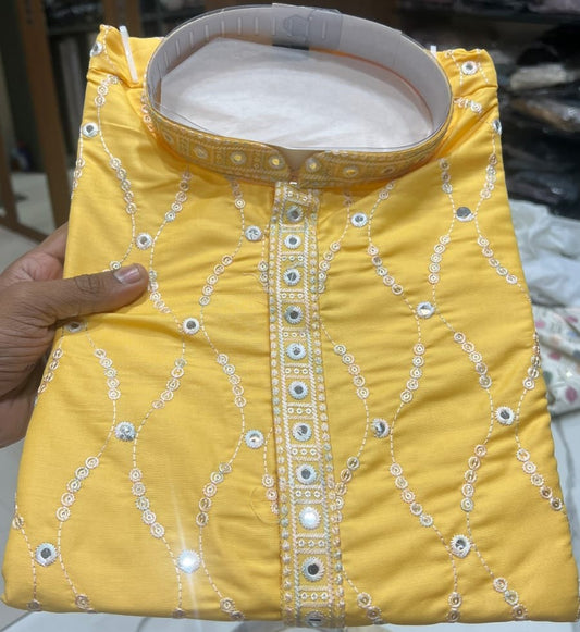 STYLISH YELLOW MIRROR WORK KURTA PYJAMA