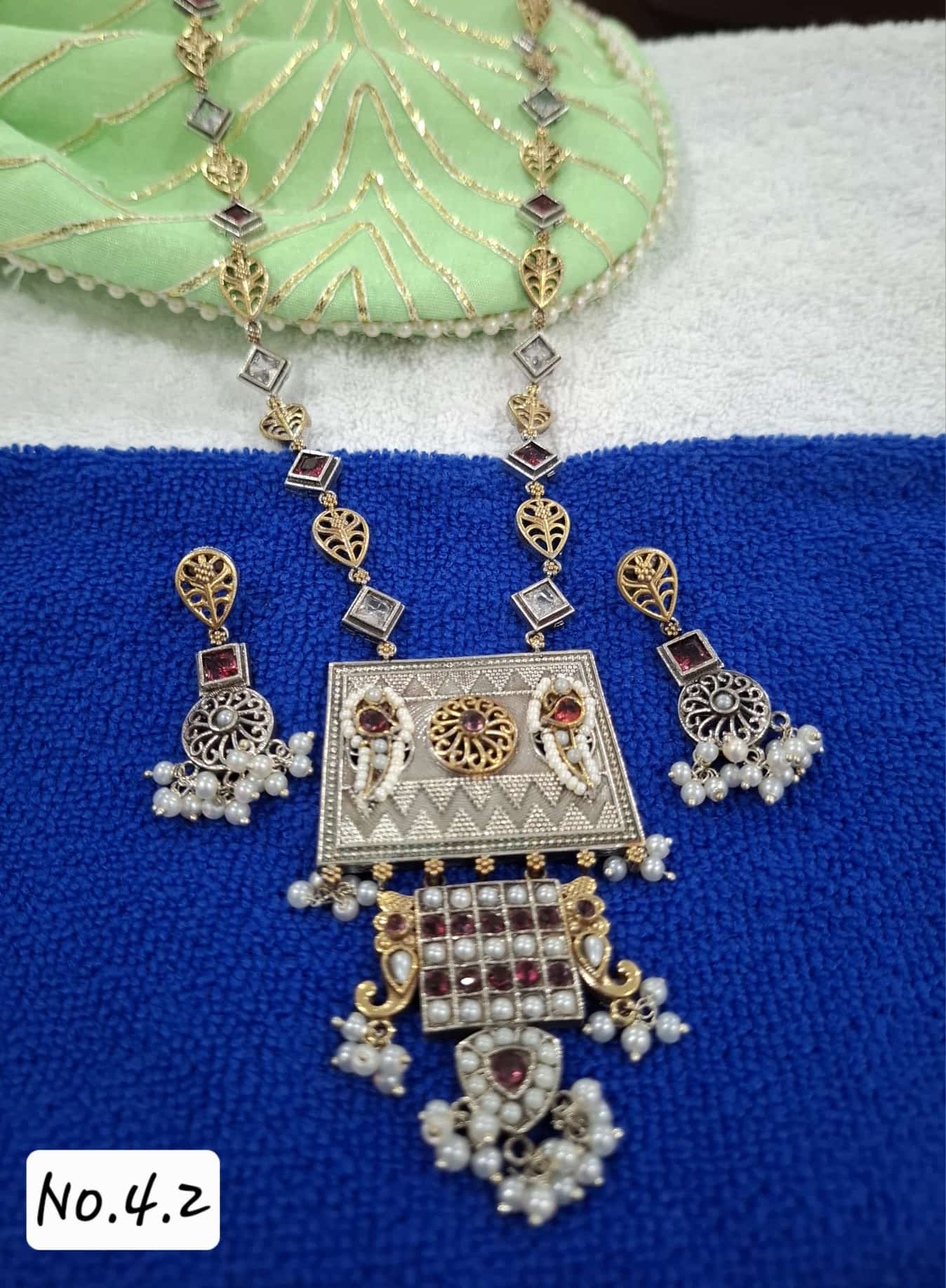 DUAL TONE LONG NECKLACE WITH EARRING - RUBY