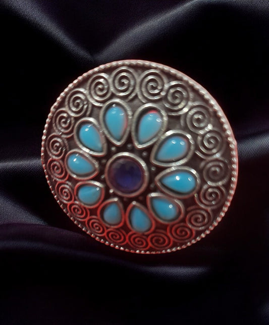 OXIDISED ROUND ADJUSTABLE FINGER RING WITH AQUA COLOUR