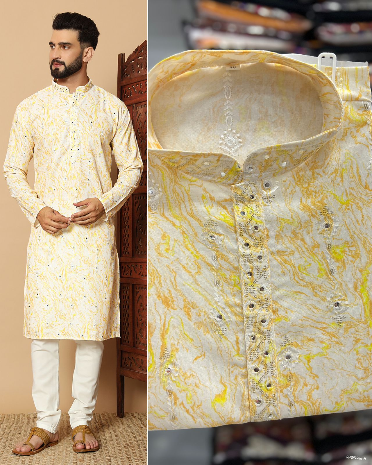 MEN’S KURTA PYJAMA EMBROIDERY SEQUENCE WORK WITH DIGITAL PRINTED