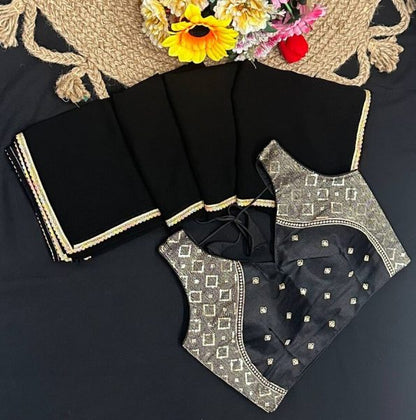 RICH LOOK FAUX GEORGETTE LACE BORDER WORK SAREE WITH STITCHED BLOUSE