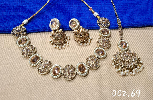 TRENDY GOLD POLKI NECKLACE EARRINGS WITH MANG TIKA