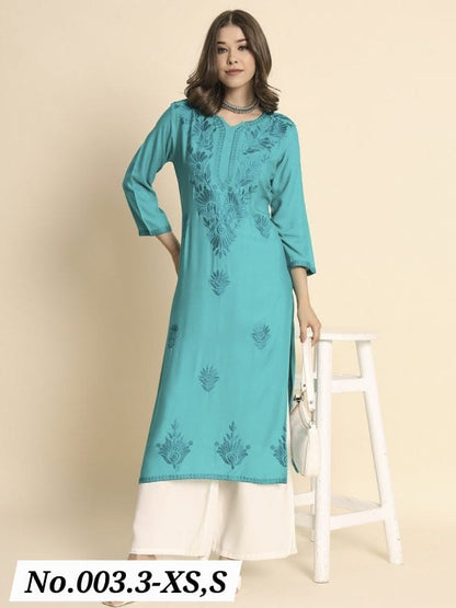 TRENDING RAYON LUCKNOWI CHIKANKARI WORK ONLY KURTI - RAMA