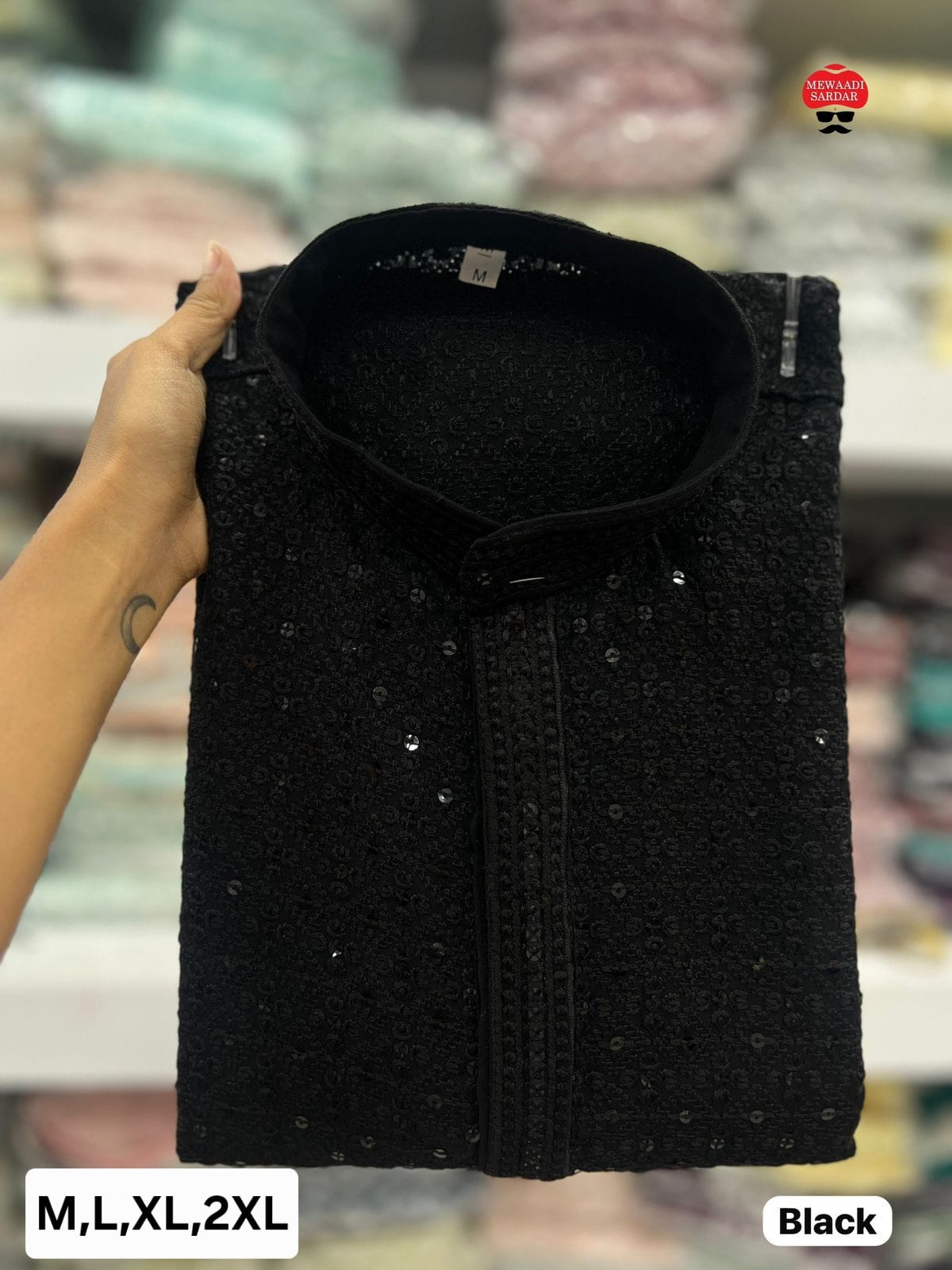 MEN’S KURTA PYJAMA CHIKAN WORK HEAVY RAYON - BLACK