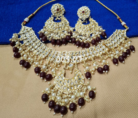 HEAVY KUNDAN SET WITH EARRING - WINE