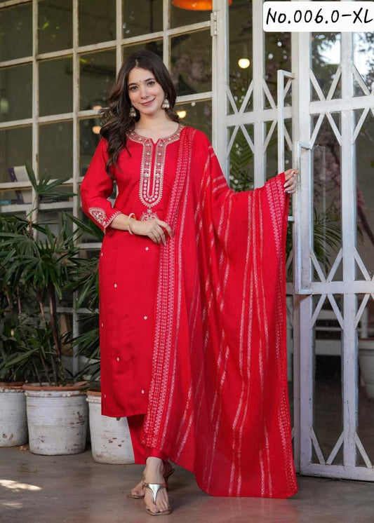 Women's Viscose Chanderi Embroidered Straight Kurta Pant With Duppatta