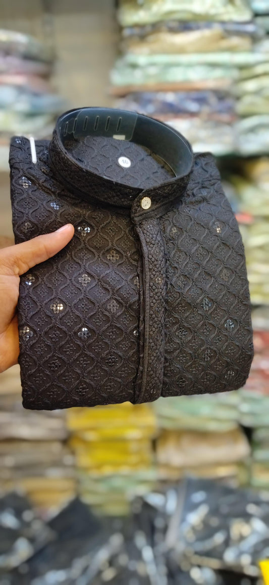 KID'S BLACK CHIKANKARI EMBROIDERED AND SEQUENCE KURTA