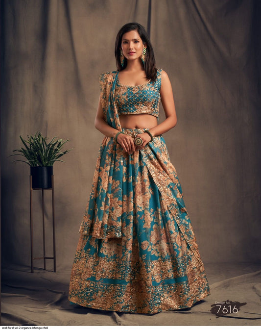 FULLY STITCHED - PRINTED HEAVY READY TO WEAR LEHENGA- TEAL