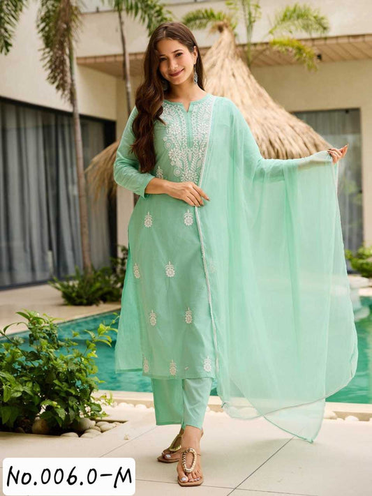 EMBROIDERED KURTI PANT WITH DUPPATTA - PISTA