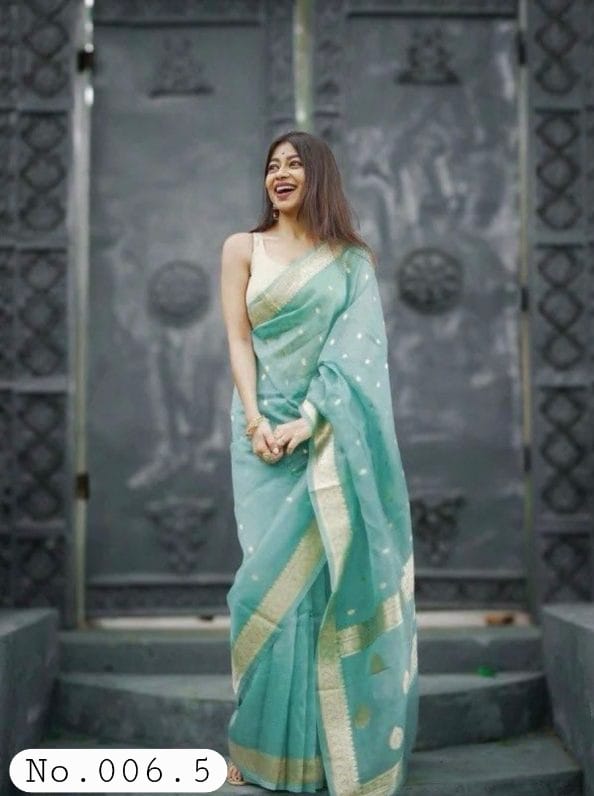 FASHIONABLE SOFT LINEN SLAB JACQUARD SAREE WITH PRE-STITCHED BLOUSE