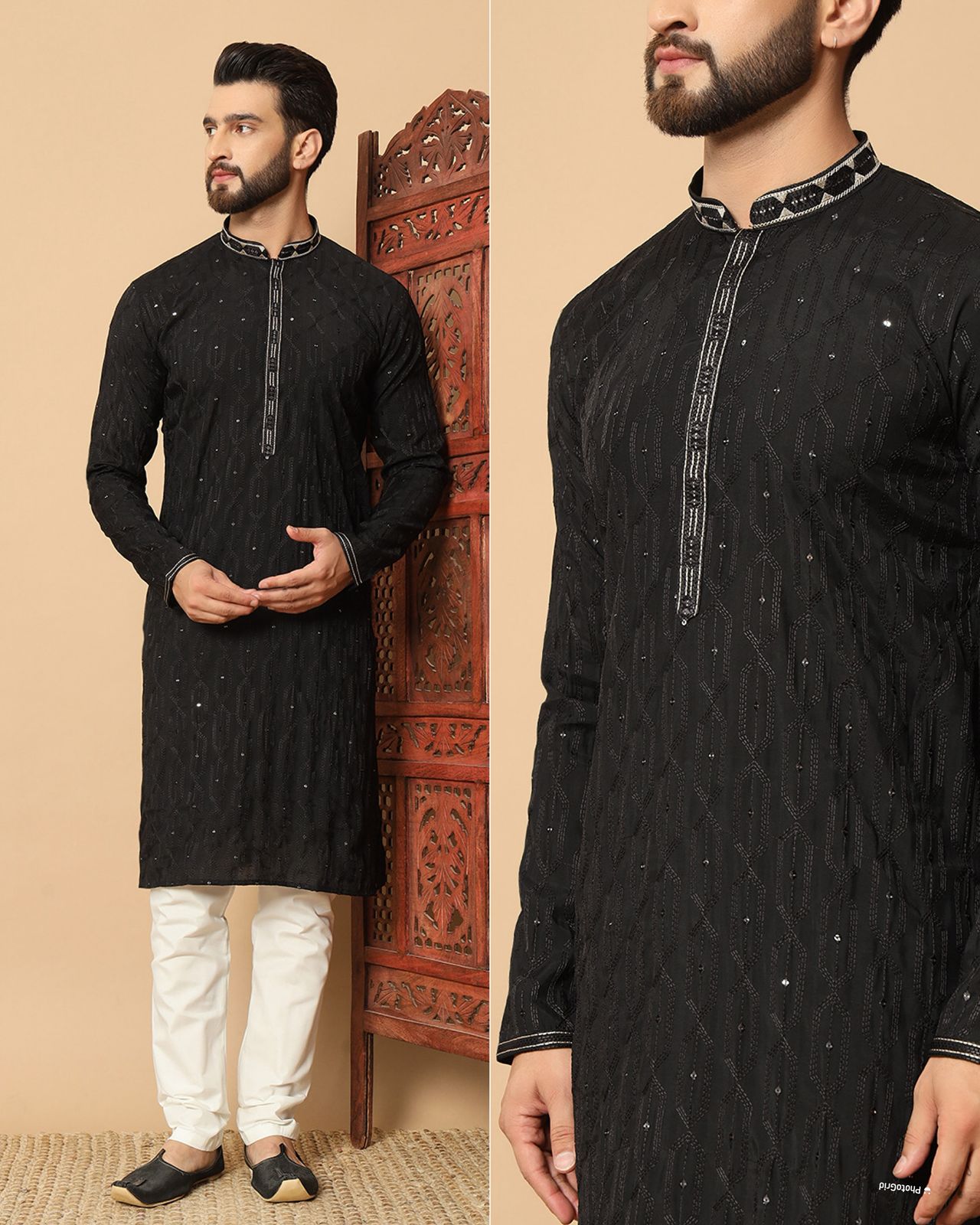 MEN'S KURTA PYJAMA - EMBROIDERY - BLACK