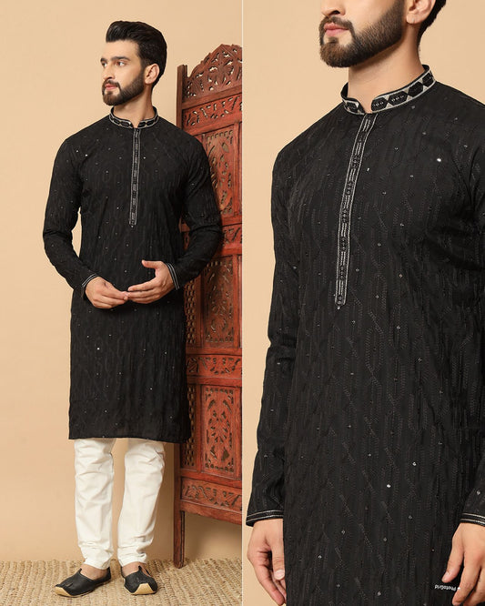 MEN'S KURTA PYJAMA - EMBROIDERY - BLACK