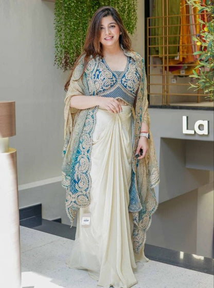 INDO WESTERN CHINON PLAIN PLEATED SKIRT BANDHANI WITH BLOUSE WITH SHRUG