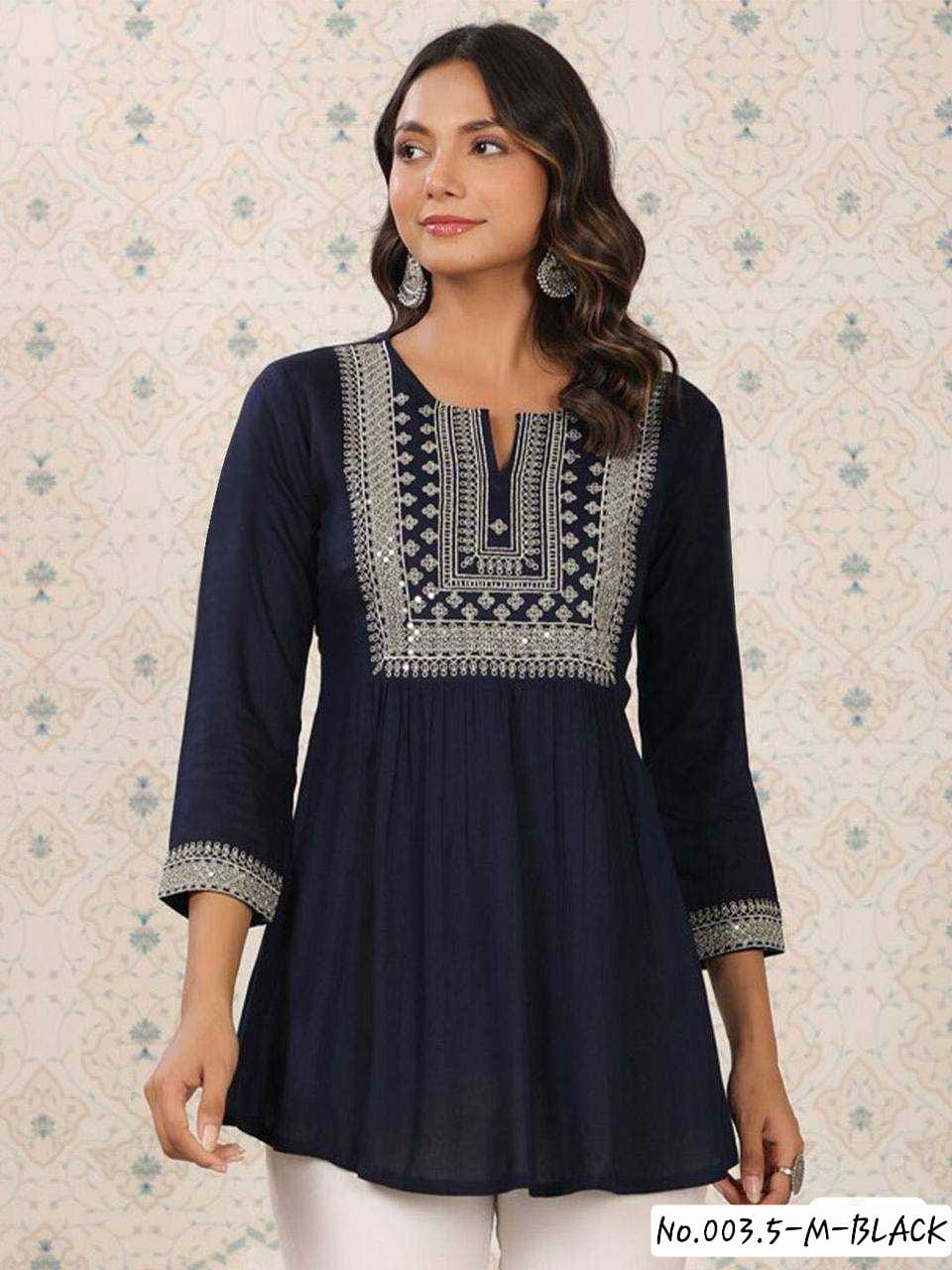 TRENDY EMBROIDERY RAYON SHORT KURTI - NAVY