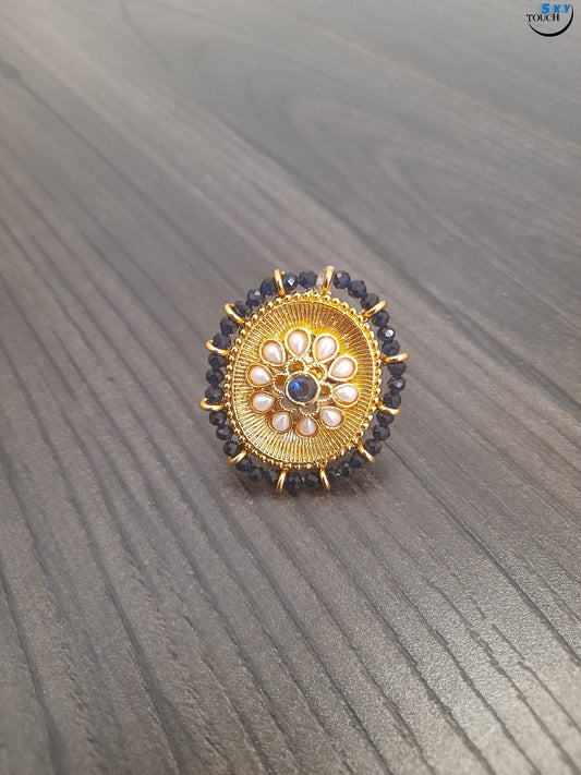 GOLD LOOK A LIKE ADJUSTABLE FINGER RING CREAM AND NAVY BLUE