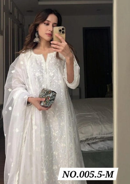 LATEST ORGANZA EMBROIDERY WORK TOP BOTTOM WITH DUPPATTA - WHITE