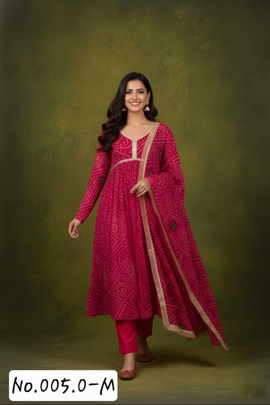 TRADITIONAL BANDHANI PRINT ALIYA CUT TOP BOTTOM AND DUPPATTA