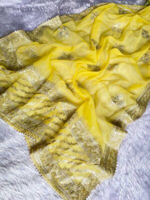 ATTRACTIVE MUSLIN ORGANZA ZARI TON WORK SAREE WITH PRE-STITCHED BLOUSE