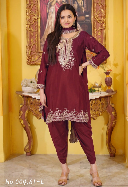 BEAUTIFUL CHINON EMBROIDERY SEQUENCE WORK DHOTI SUIT