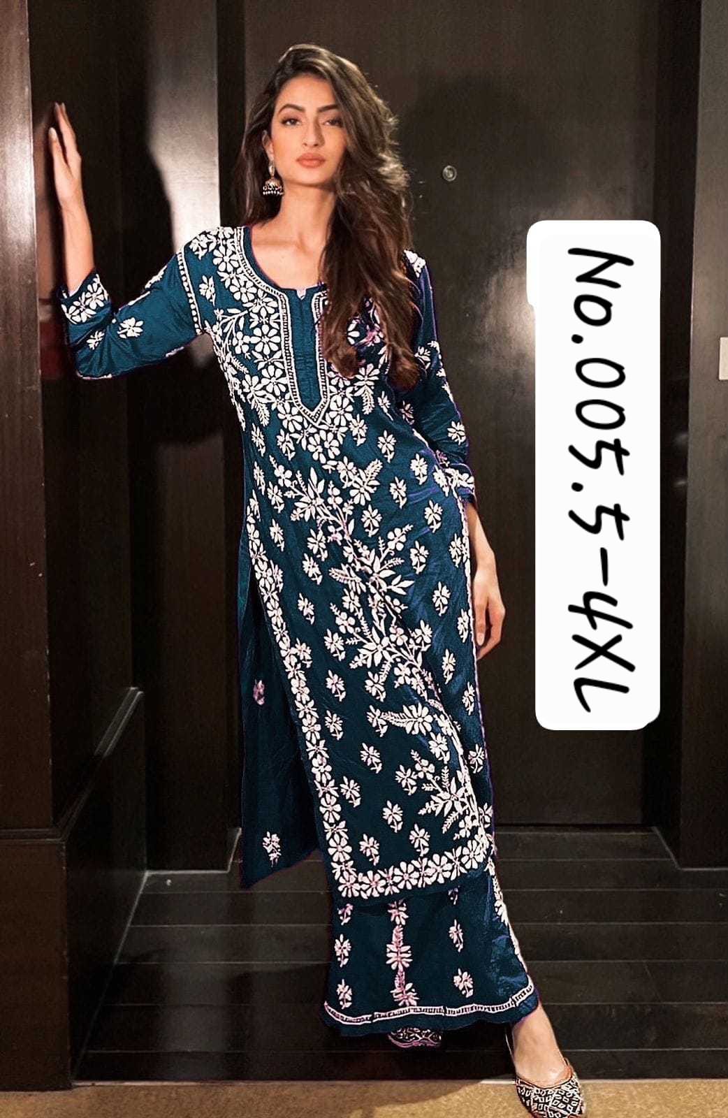 TRENDY CHIKENKARI RAYON STYLE KURTI WITH PANT - TEAL