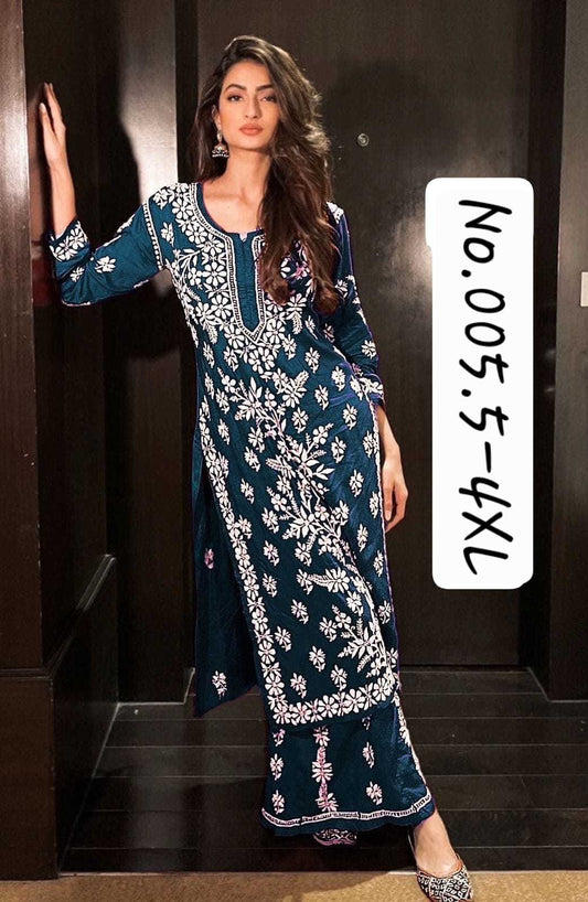 TRENDY CHIKENKARI RAYON STYLE KURTI WITH PANT - TEAL