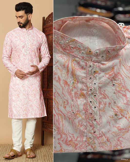 MEN’S KURTA PYJAMA EMBROIDERY SEQUENCE WORK WITH DIGITAL PRINTED