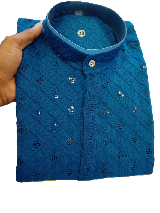 KID'S TEAL CHIKANKARI EMBROIDERED AND SEQUENCE KURTA